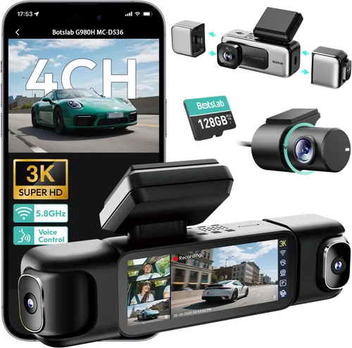 Miniatura 9 de BOTSLAB Cámara de tablero 4K de 3 canales frontal y trasero/interior, cámara de tablero de 360° con pantalla táctil de 3.18 pulgadas, cámara