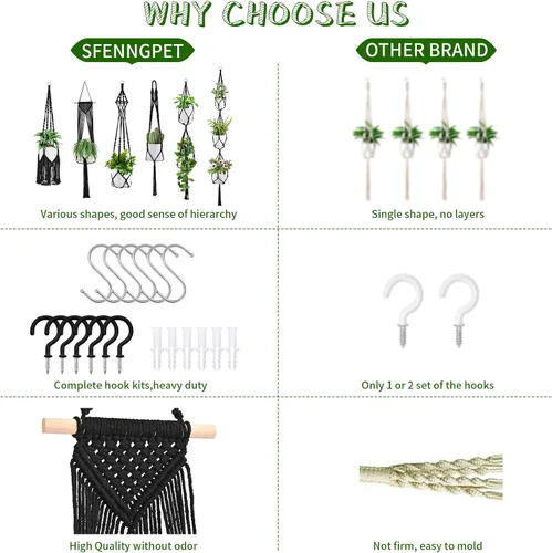 Miniatura 6 de SFENNGPET - Paquete de 6 perchas de macramé para plantas, juego de 6 perchas colgantes para plantas de interior con kit de 6 perchas hechas a mano