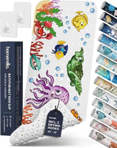 Miniatura 34 de Homerella - Alfombrilla de baño antideslizante y antideslizante para niños, 40 x 16 pulgadas, sin BPA, incluye 2 ganchos, tapete de ducha lavable