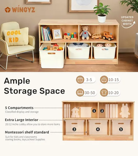 Miniatura 3 de wingyz Organizador de almacenamiento de madera, 35.5 pulgadas de largo, estante Montessori de 5 secciones para juguetes y libros, armario de madera