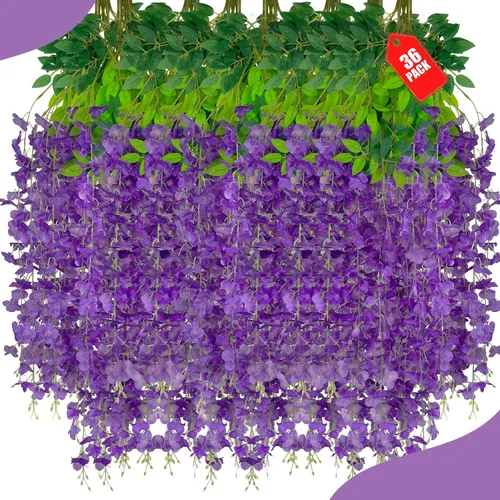 Miniatura 34 de Paquete de 12 flores colgantes de glicina rosa, flores colgantes falsas de 3.44 pies, guirnalda de glicina artificial para decoración de boda, telón