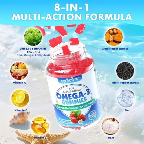 Miniatura 3 de softbear Gomitas Omega 3 para mujeres, hombres y niños, suplementos Omega 3 de 1200 mg de ácidos grasos veganos Omega 3 DHA EPA con vitaminas que