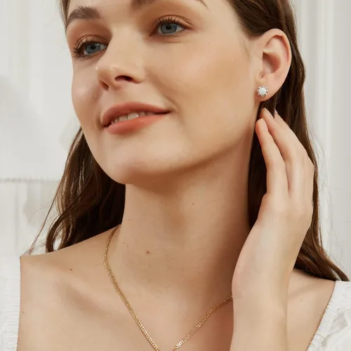 Miniatura 4 de Pendientes de tuerca chapados en oro blanco con ópalo de flores hipoalergénicos, regalo de joyería para mujer, Latón Gema, Piedra natal de ópalo