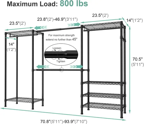 Miniatura 6 de SEMHOR E06 - Perchero extensible resistente para armario vertical, estantes de ropa independientes con estantes, sistema organizador de armario