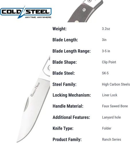 Miniatura 7 de COLD STEEL Ranch Hand SK-5 - Cuchillo plegable versátil de bolsillo compacto y versátil con hoja afilada de 3.75 pulgadas, mango de hueso aserrado