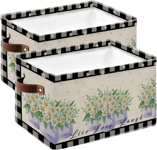 Cestas de almacenamiento grandes, paquete de 2 cajas de almacenamiento plegables con diseño floral de primavera, organizador de lavandería para
