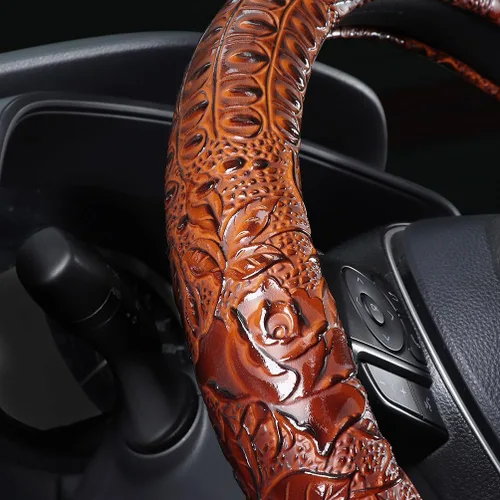 Miniatura 3 de Funda para volante de auto de cuero, antideslizante, universal, 15 pulgadas, marrón con grano de cocodrilo y veta de rosa