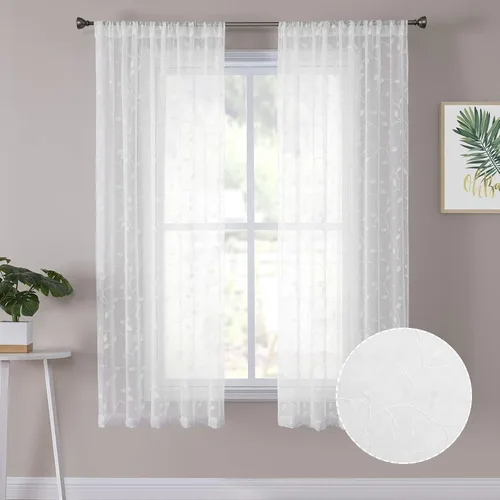 Miniatura 11 de Tollpiz Cortinas Cortas Transparentes de Hojas con Bordado de Hojas Grises, Cortinas de Dormitorio con Bolsillo para Barra, Voile de Lino Sintético