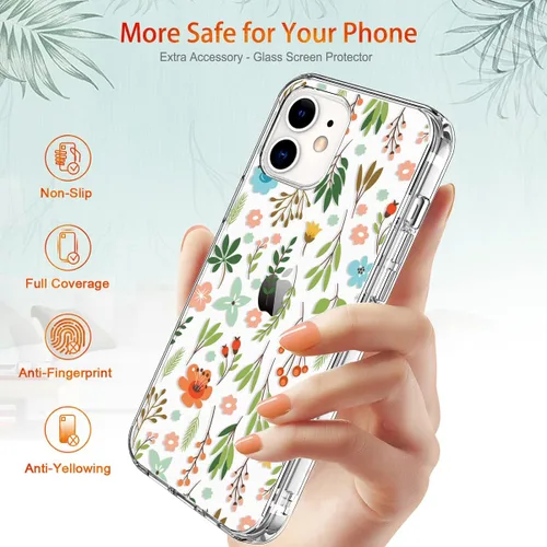 Miniatura 6 de Funda para iPhone 12, iPhone 12 Pro con protector de pantalla, transparente de cuerpo completo, funda protectora floral para niñas y mujeres, a