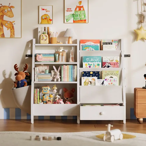 Miniatura 3 de Estantería infantil y organizador de almacenamiento de juguetes, estantería Montessori de 3 niveles para bebés y niños pequeños con bolsillos