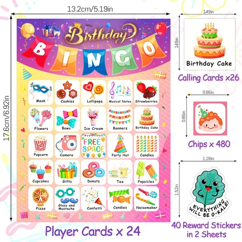 Miniatura 3 de YTSQLER Tarjetas de bingo de feliz cumpleaños, 24 jugadores, fiesta de cumpleaños, juego de bingo para niños, niñas y adultos, divertido juego
