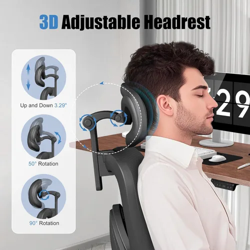 Miniatura 6 de Silla de oficina ergonómica con soporte lumbar ajustable, brazos y reposacabezas 3D, respaldo alto, silla de computadora de escritorio ancha