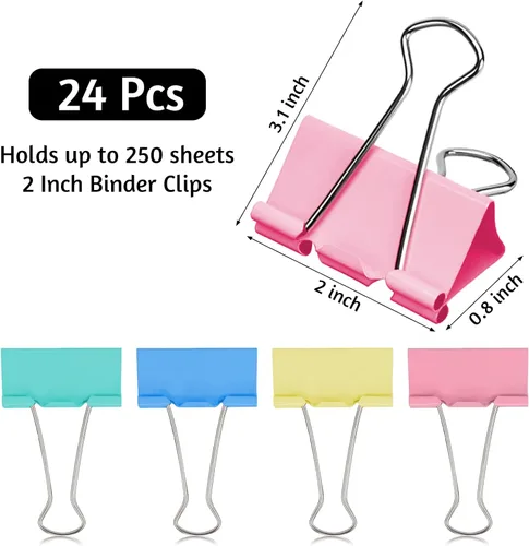 Miniatura 2 de Clips de carpeta extra grandes de 2 pulgadas (paquete de 24), colores surtidos, clips de papel jumbo de colores, abrazaderas de papel grandes, clips