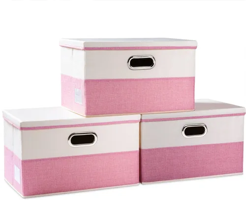 Miniatura 14 de PRANDOM Contenedor de almacenamiento plegable con tapa [1 unidad] Caja de almacenamiento decorativa de tela de lino, cesta organizadora con asas