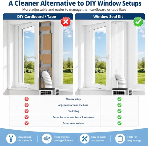 Miniatura 5 de Kit de sellado de ventana de CA portátil para ventanas abatibles y de manivela, kit de ventilación de ventana sin taladro, sello de cremallera