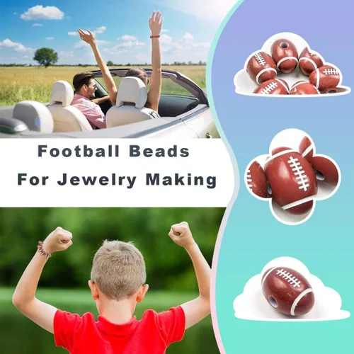 Miniatura 3 de 150 cuentas deportivas de fútbol americano para fabricación de joyas, cuentas deportivas y manualidades con 2 cordones elásticos de cristal, 2