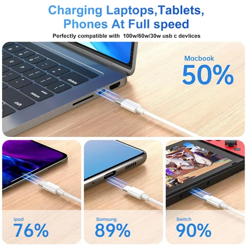 Miniatura 3 de Cable USB C a USB C de 100 W, paquete de 2 unidades de 10 pies, cable USB tipo C a tipo C, cable USB-C compatible con iPhone Blanco