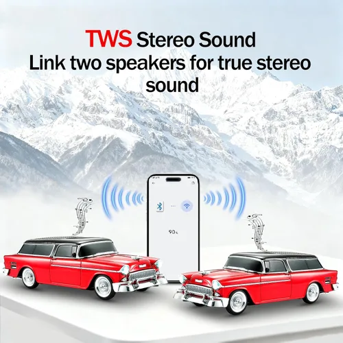 Miniatura 3 de Altavoz Bluetooth retro clásico modelo de automóvil con luz ambiental LED, emparejamiento estéreo TWS, ruedas móviles, sonido HD, altavoz Rojo