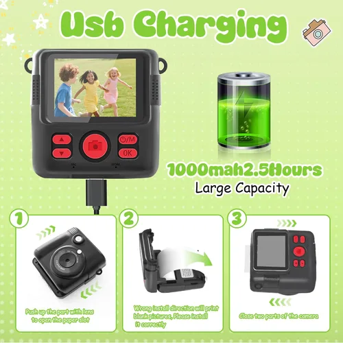 Miniatura 6 de Cámara para niños con impresión instantánea, cámara segura para niños pequeños, pantalla de 2.4 pulgadas, 1080P con zoom 16X, tarjeta TF de 32GB