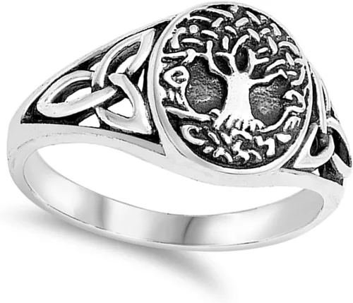 Miniatura 2 de Anillo de filigrana con nudo de árbol de la vida celta antiguo, banda de plata de ley, tamaños 5-10