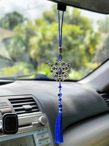 Miniatura 7 de LUCKBOOSTIUM Dijes de mariposa con diseño de ojo turco central en piedra de cristal azul con borlas para buena suerte, protección y bienestar