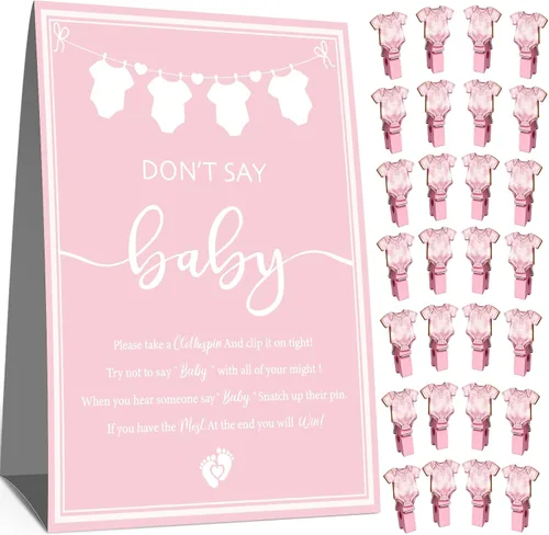 Miniatura 6 de Don't Say Baby Game, juegos de baby shower para niños, 1 letrero azul decorativo y 50 mini pinzas azules para la ropa, ideas de decoración