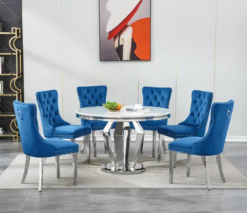 Miniatura 21 de Henf Juego de mesa de comedor redonda de mármol para 6, moderna mesa de comedor de 45 pulgadas con base de acero inoxidable con diseño de diamante