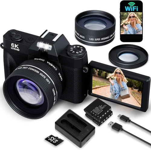 Cámara digital 6K de 64 megapíxeles para fotografía y videoblogs para YouTube, pantalla giratoria de 180°, zoom autofocus de 16X, cámara de belleza