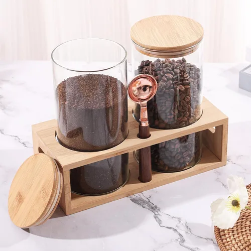 Miniatura 4 de ZOMUIA Contenedores de Café de Vidrio Herméticos Frascos de Almacenamiento de Granos de Café con Estante, 2 Piezas 44oz Organizador de Estación