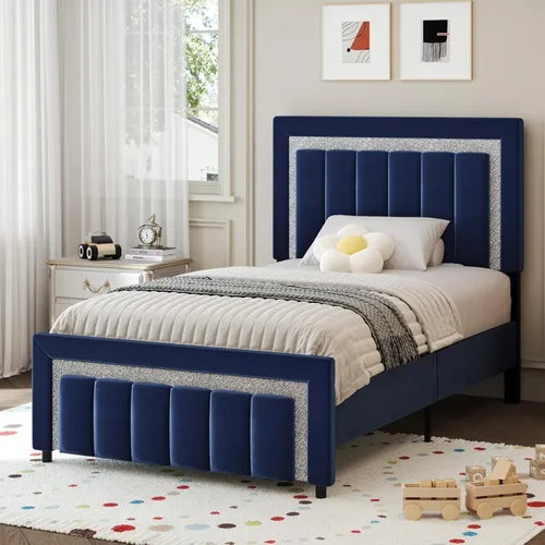 Miniatura 22 de HOMBCK Marcos de Cama Individual, Marco de Cama Tamaño Individual con Cabecera y Pie de Cama de Diseño de Terciopelo Diamante, Marco de Cama