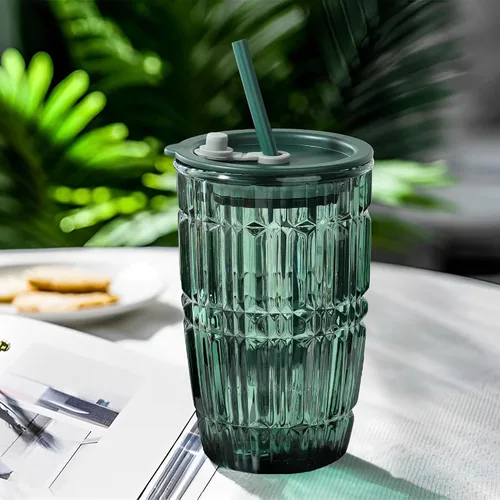 Miniatura 3 de Joeyan Vaso verde de 14.5 onzas con tapa y pajita, tazas de vidrio para café helado a rayas, tarro de té de batido de color, bebidas portátiles