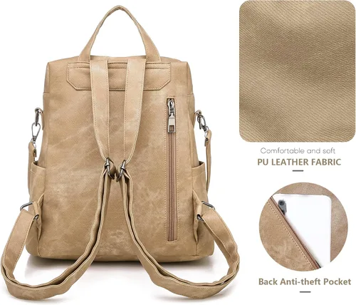 Miniatura 4 de Mochila de cuero para mujer, mochila de viaje de moda vintage, Caqui, Mochilas de viaje