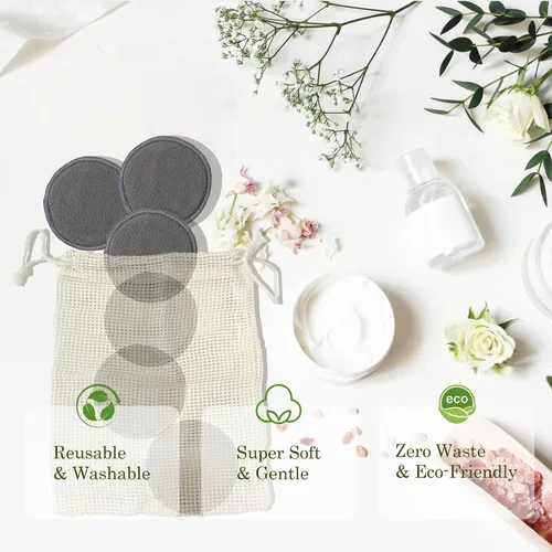 Miniatura 5 de Paquete de 24 almohadillas reutilizables de algodón – Almohadillas removedoras de maquillaje de carbón de bambú lavables, almohadillas faciales