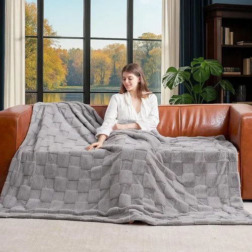 Miniatura 7 de Cozy Bliss Manta de Tiro de Piel Sintética de Conejo a Cuadros Gris, Mantas Suaves Difusas Esponjosas Minky Peludas para Sofá, Cama
