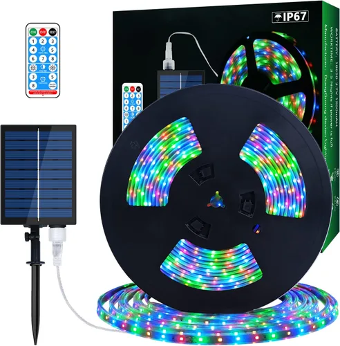 Miniatura 10 de MIHEAL Tira de luces LED solares para exteriores, 16.4 pies, 280 luces LED, funciona con energía solar, tira LED que cambia de color con 8 modos