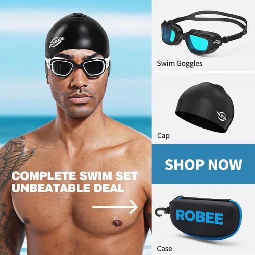 Miniatura 5 de Robee Gafas de natación, gafas de natación polarizadas para adultos, para hombres, mujeres y jóvenes, gafas de piscina de agua Azul Hawaii + Gorra