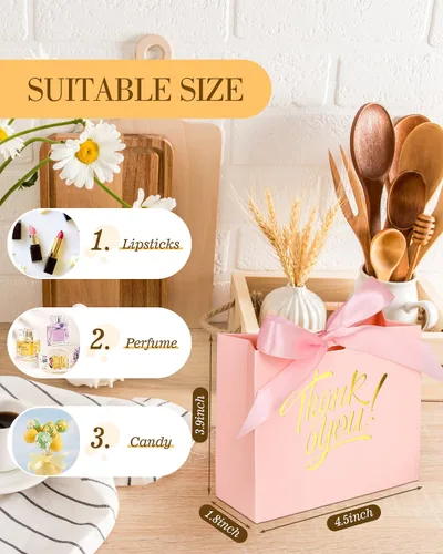 Miniatura 3 de EQOREIIN Bolsas pequeñas de papel kraft para regalo, paquete de 70 unidades, color rosa, 4.5 x 1.8 x 3.9 pulgadas, con cinta de lazo, perfectas