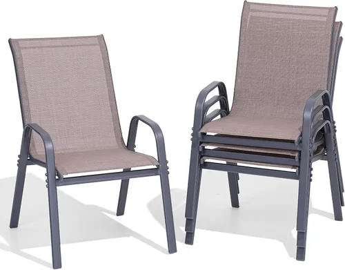 Miniatura 8 de Juego de 2 sillas de patio, sillas de comedor exterior apilables de fácil montaje con respaldo alto y asiento ancho, sillas exteriores transpirables