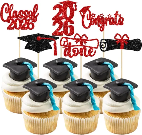 Miniatura 35 de Paquete de 24 adornos para cupcakes de clase 2026 con purpurina 2026 Felicidades Graduación Diploma Done Cupcake Picks 2026 Graduación Temática
