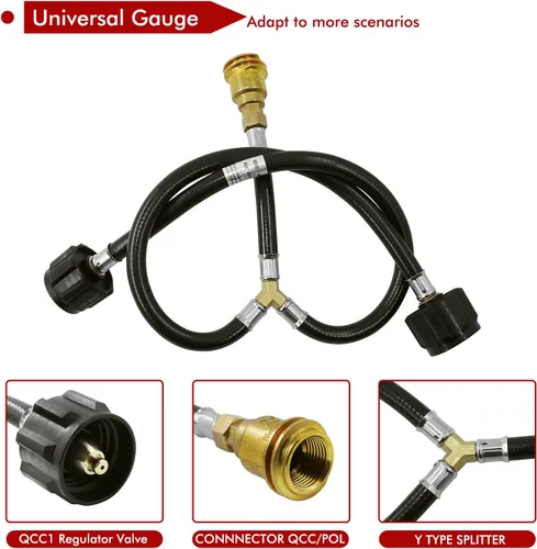 Miniatura 3 de Adaptador de Manguera Divisor en Y de Propano - Tanque Doble de Dos Vías Entrada de Regulador QCC1 y Válvulas de Latón de Salida POL/QCC1