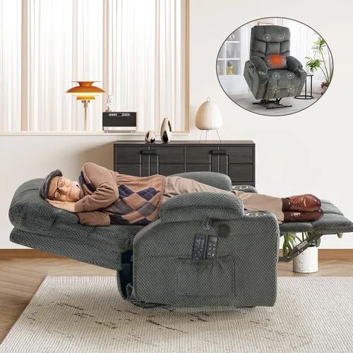 Miniatura 12 de CDCASA Silla Reclinable de Elevación Eléctrica de Gran Tamaño con Doble Motor que se Recuesta Completamente con Masaje, Calefacción, Textil