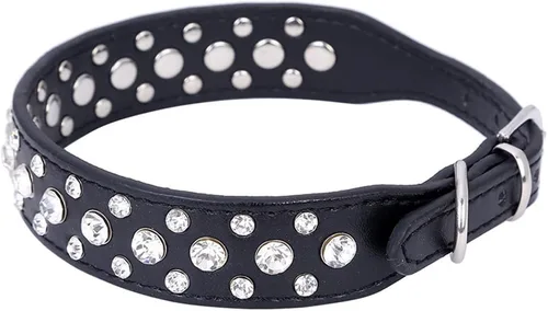Miniatura 3 de Dogs Kingdom Collares de cuero con diamantes de imitación personalizados de 10 a 24 pulgadas de longitud, para razas pequeñas y medianas, color Negro