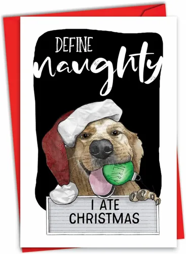 NobleWorks - Tarjeta de felicitación navideña con sobre de 5 x 7 pulgadas, divertida nota de papel con perro (1 tarjeta) - Travesuras de perros
