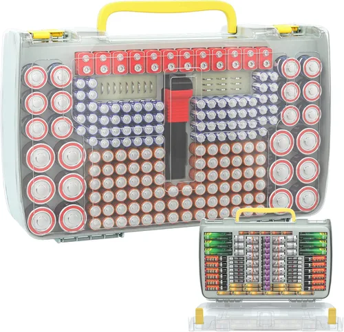 ALCYON Estuche organizador de baterías con probador de doble cara para baterías de 269+ AA/AAA/C/D/9V, solución de almacenamiento portátil para el