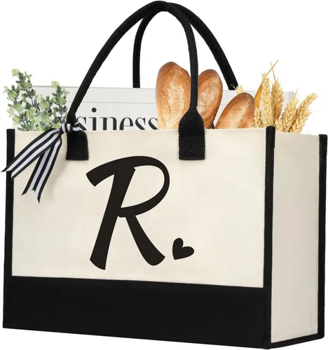 Miniatura 29 de shenee - Bolsa de lona con inicial, bolsa de yute personalizada para la playa, regalo de vacaciones para mujeres, cumpleaños de amigos, boda, año