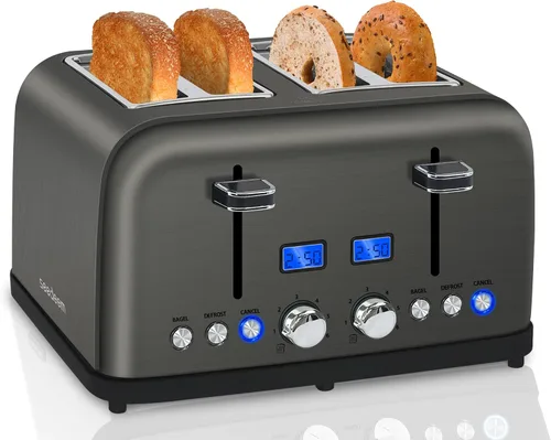 SEEDEEM Tostadora de 4 rebanadas, pantalla LCD, 6 configuraciones de tostado, ranuras de 1.5 pulgadas de ancho, tostadora digital de acero