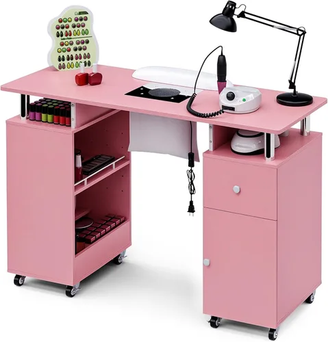 Miniatura 11 de Mesa de manicura HolaiNail, mesa para uñas con recolector de polvo, apoyabrazos, ruedas, cajón y gabinete, estación para salón de belleza, negra