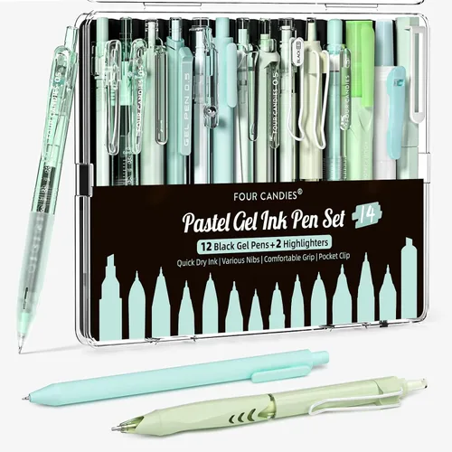 Miniatura 13 de FOUR CANDIES - Paquete de 14 bolígrafos pasteles bonitos, estéticos y retráctiles con tinta de gel negra, punta fina de 0.5 mm, incluye 2 Azul