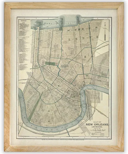 Póster enmarcado vintage de 1891 Matthews-Northrup con mapa de Nueva Orleans, 11 x 14 pulgadas, diseño histórico antiguo de la calle de Louisiana,
