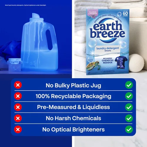Miniatura 5 de Earth Breeze Hojas de detergente para ropa calmante lavanda, 60 cargas, sábanas ecológicas para lavandería, hojas de jabón de viaje para ciclos